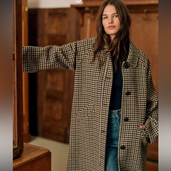 Sezane Clyde Wool Checkered Trench Coat - Picture 1 of 9